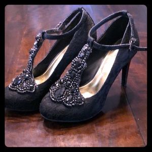 Black lace & black crystal heels